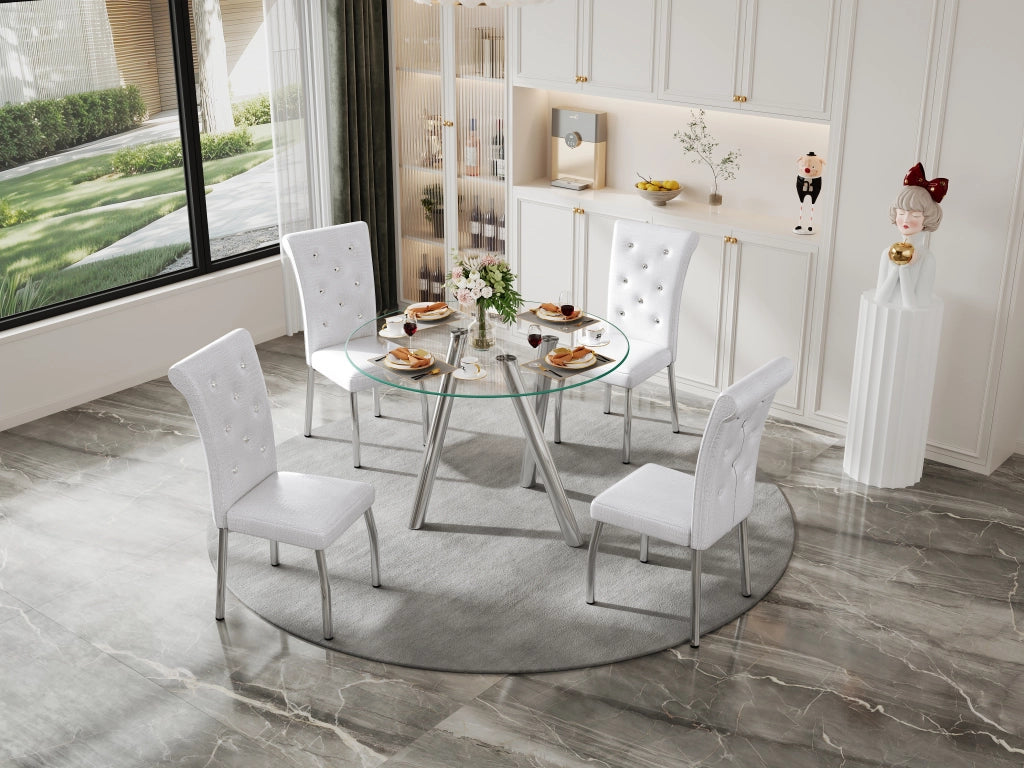Set da pranzo con tavolo in vetro temperato e 4 sedie imbottite facile da pulire stabile metallo e pvc bianco