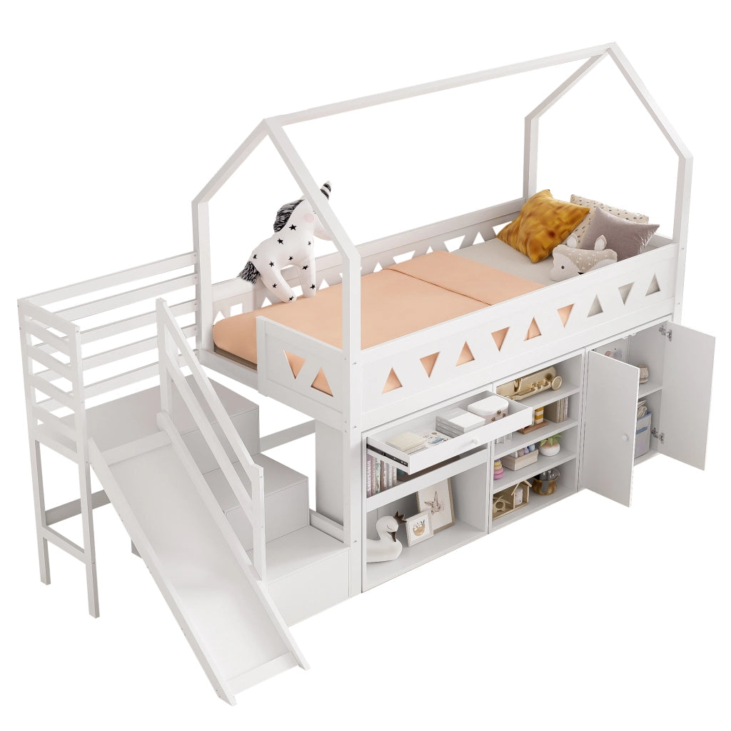 LETTO per bambini con scivolo e scale 90x200 cm Bianco in legno massello