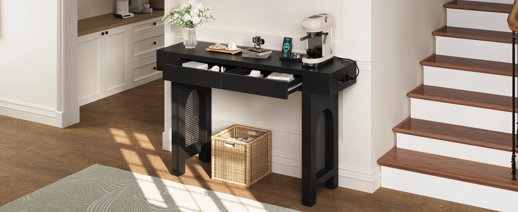 CONSOLA CON 2 CASSETTI 120x35,5x76,5 cm MDF Nera con prese USB e Type-C