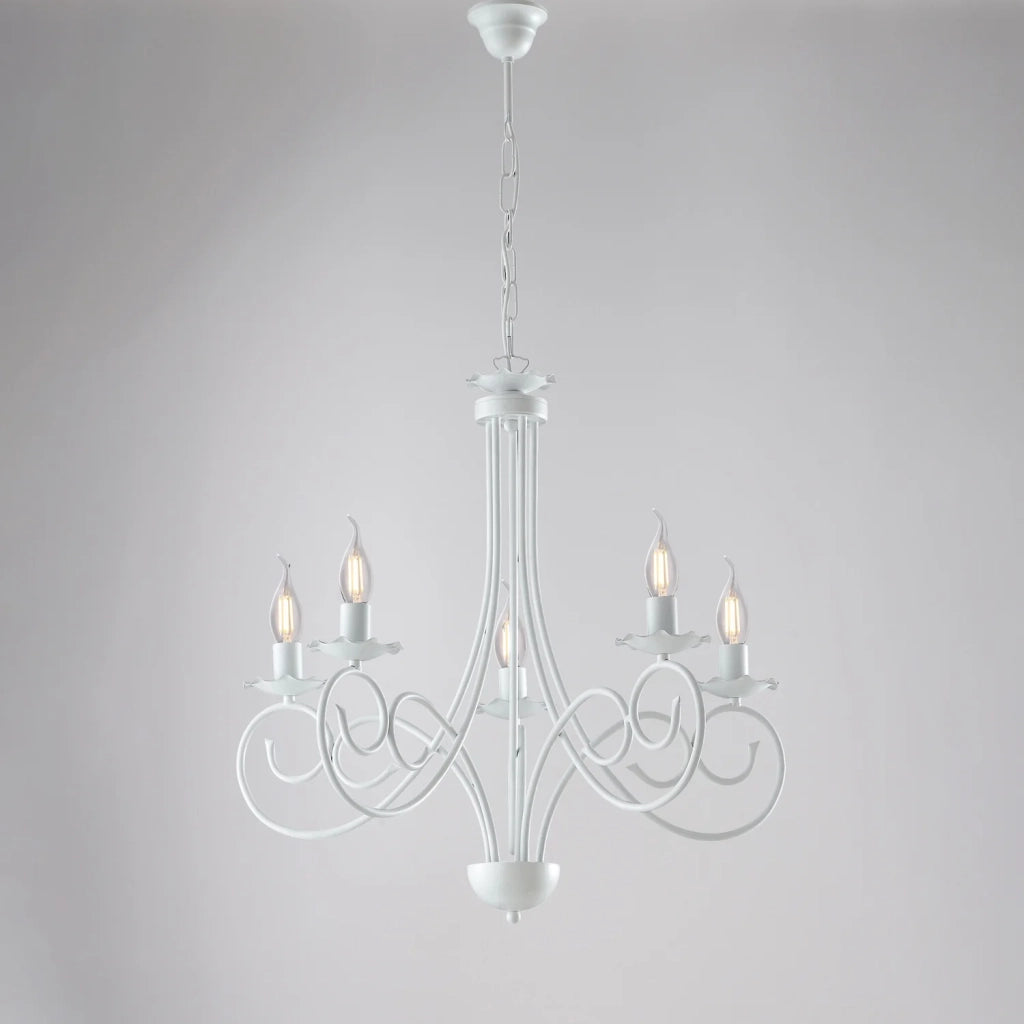 Lampadario Provenzale Candelabro Alma 5 Luci Ferro Battuto Bianco Shabby