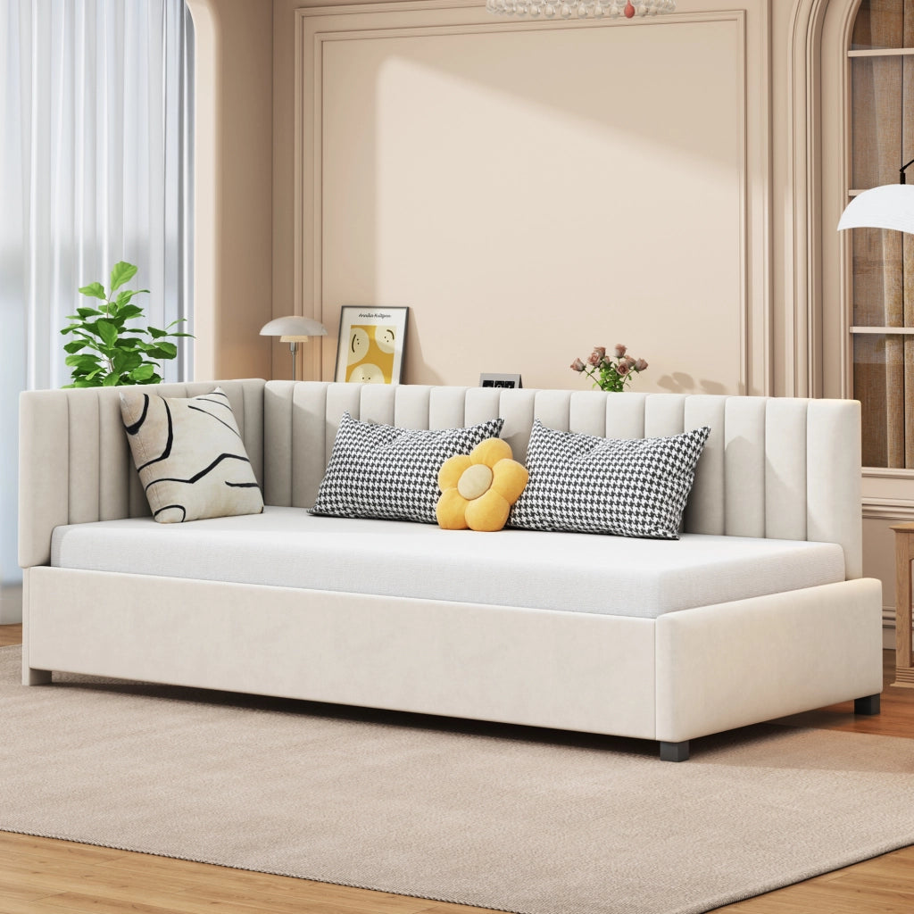 Letto singolo imbottito 90x200 cm in velluto beige con rete