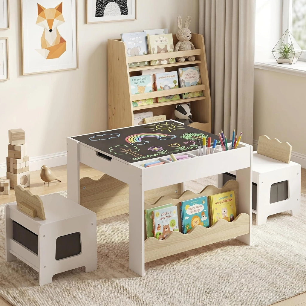 4 in 1 Set Tavolo e 2 Sedie per Bambini 3+ Anni (Naturale e Bianco) | Tavolo e Sedie con Lavagna Rimovibile, Sedia con Cassetto in Tessuto, Mobile in Legno Versatile per Cameretta e Soggiorno