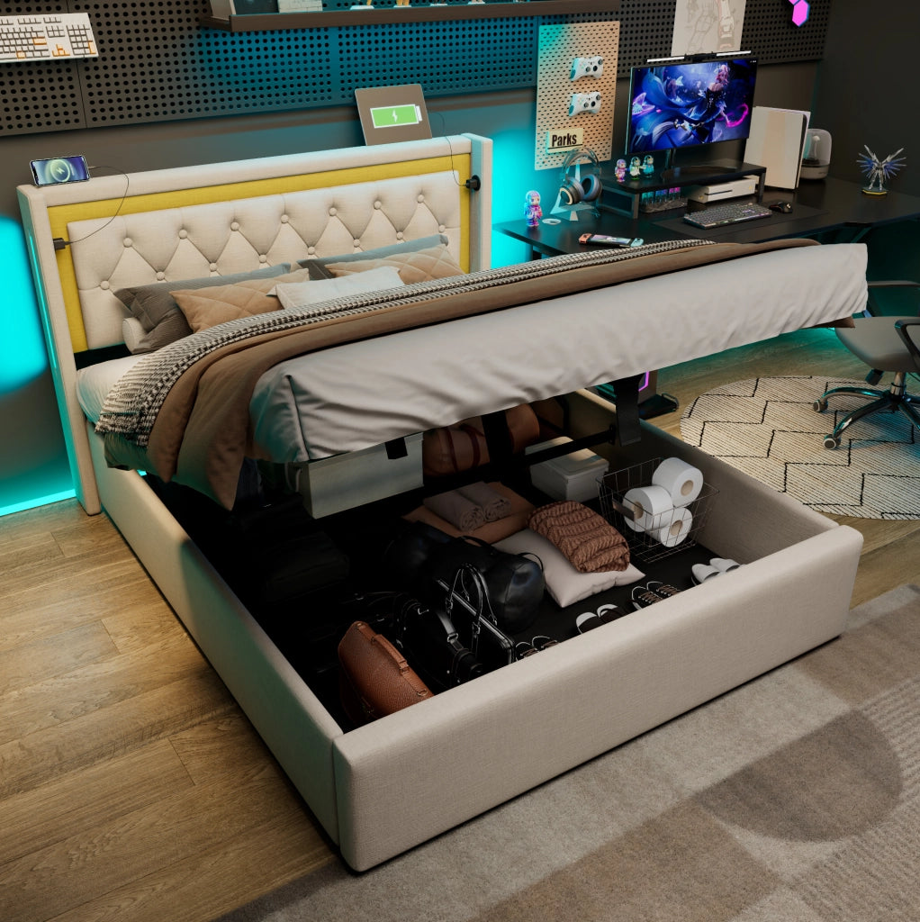 Letto matrimoniale con LED, contenitore e porte USB Type-C