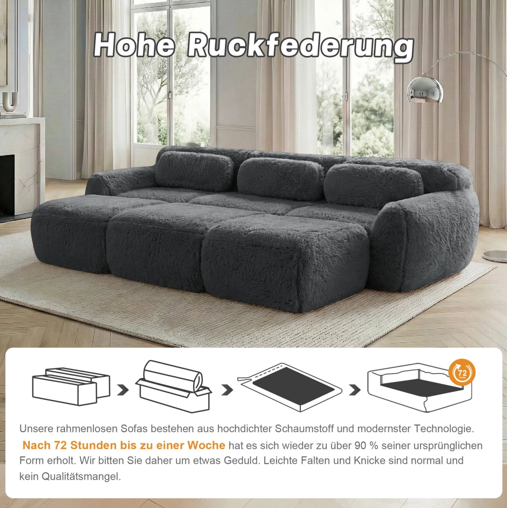 Divano modulare 3 posti Boneless Cloud in tessuto vellutato grigio con 3 pouf
