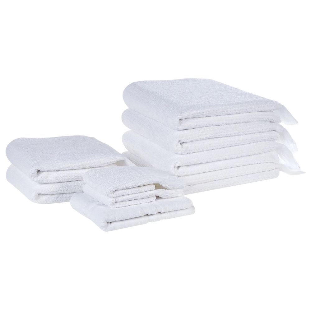 Set di 9 asciugamani bagno in spugna di cotone bianco con nappe decorative
