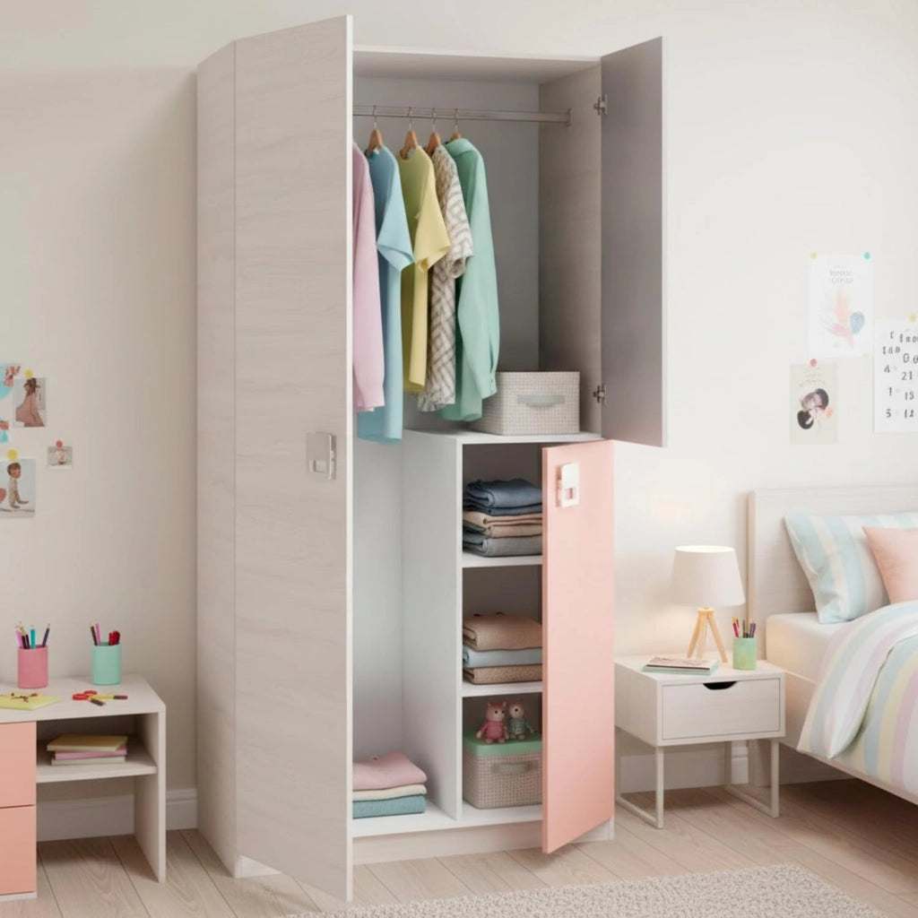 Armadio A 3 Ante Per Camera Ragazzi Con Barra Appendiabiti E 3 Ripiani Design Moderno Salvaspazio 200 X 52 X 90 Cm Bianco Alpi Grigio E Rosa