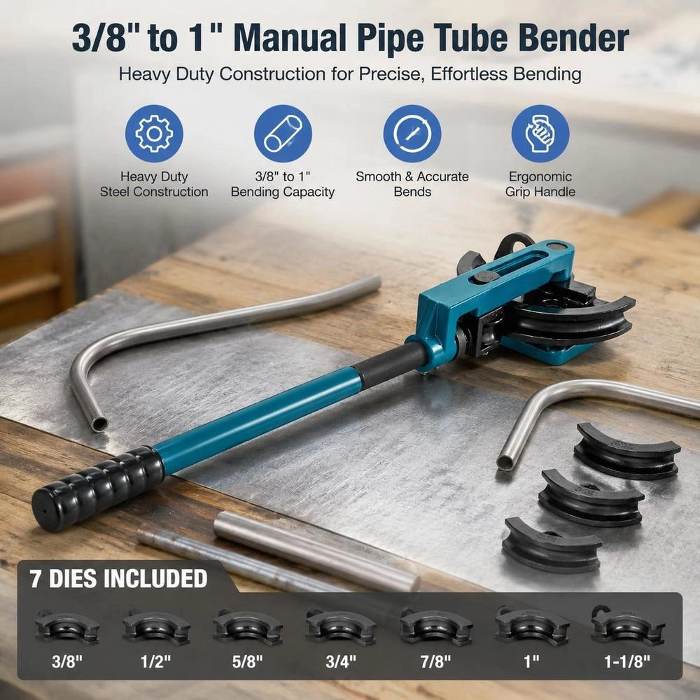 Manual Pipe Bender Set 3/8", 1/2", 9/16", 5/8", 3/4", 7/8", 1" With Dies