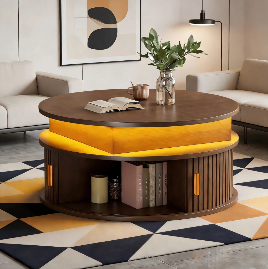 Tavolino da caffè rotondo 75 cm regolabile in altezza con LED e vano contenitore; colore noce