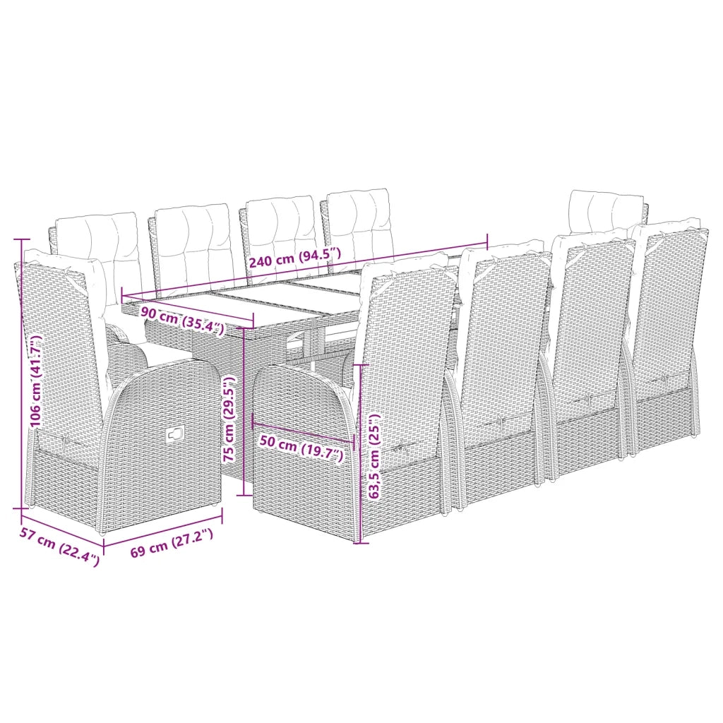 Set da Pranzo da Giardino 11 pz con Cuscini in Polyrattan Nero 3277631