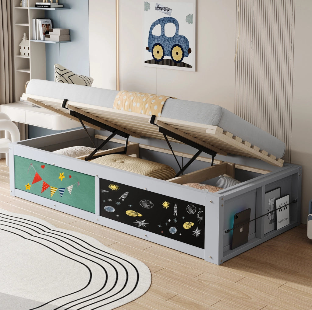 Letto bambini multifunzione 90x200 cm con contenitore idraulico; lavagna e pannello in feltro; grigio
