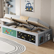 Letto bambini multifunzione 90x200 cm con contenitore idraulico; lavagna e pannello in feltro; grigio
