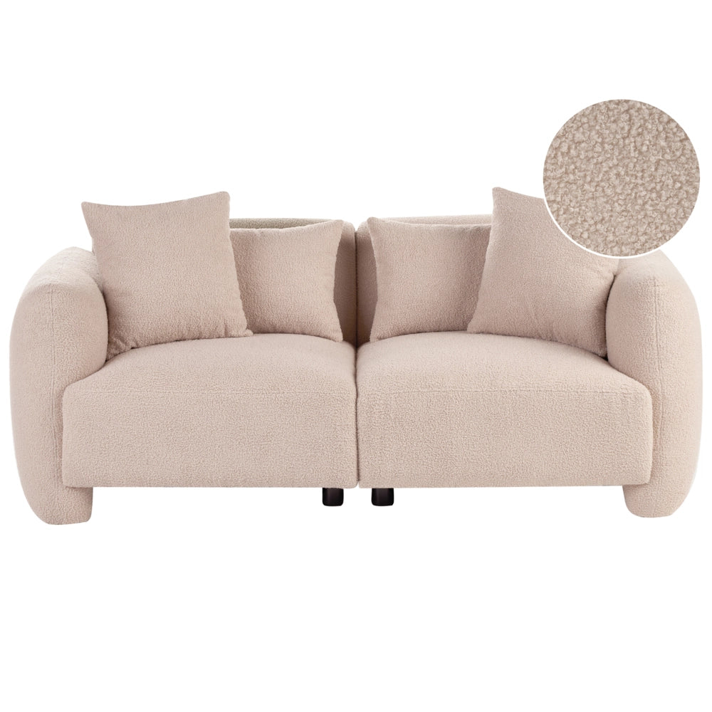 Divano imbottito minimalista a profilo ribassato a 3 posti con seduta profonda bouclè beige stile minimalista