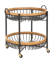 Carrello 2 Ripiani 57x55,5x62,5 cm con Ruote in Metallo e Rattan
