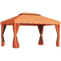 Gazebo da Giardino 4x3m con Doppio Tetto e Tende Laterali, Arancione
