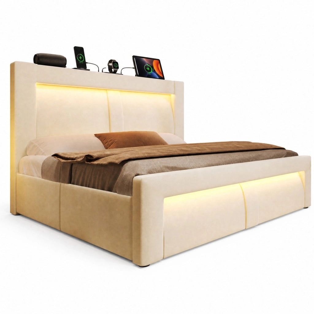Letto contenitore 140x200 cm LED USB Type-C in velluto beige