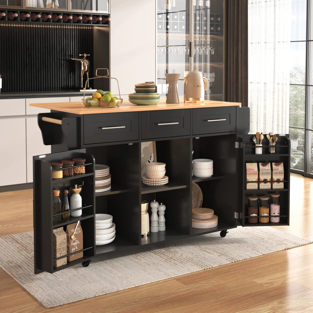 Carrello Isola Cucina 139x46/71x91;5 cm Nero con Piano Pieghevole; 3 Cassetti; Armadietti e Ruote