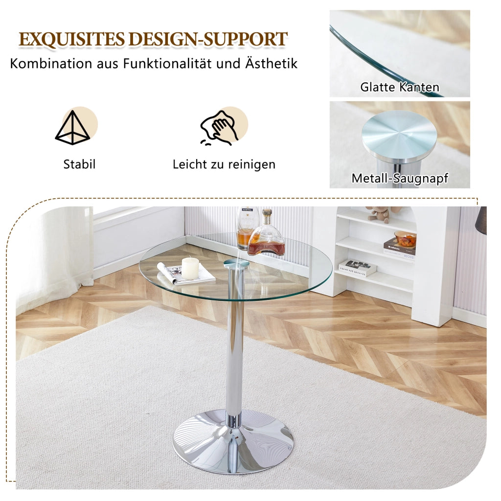 Tavolo da pranzo rotondo in vetro trasparente con 2 sgabelli regolabili, per cucina e bar, diametro 89 cm