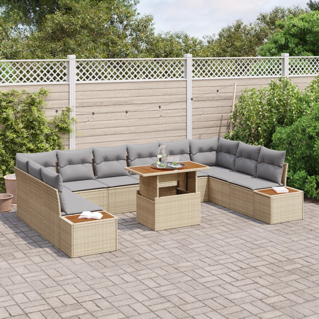 Set Divano da Giardino 11 Pezzi con Cuscini Beige Polyrattan