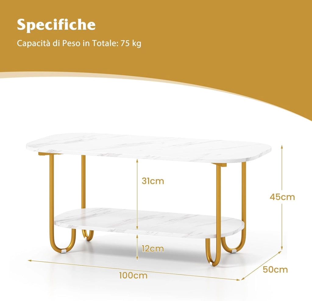 Tavolino da Caffè per Salotto a 2 Livelli, Tavolino Basso Rettangolo con Piano Effetto Marmo, Tavolino da Divano Moderno per Soggiorno,100 x 50 x 45 cm, Bianco e Oro
