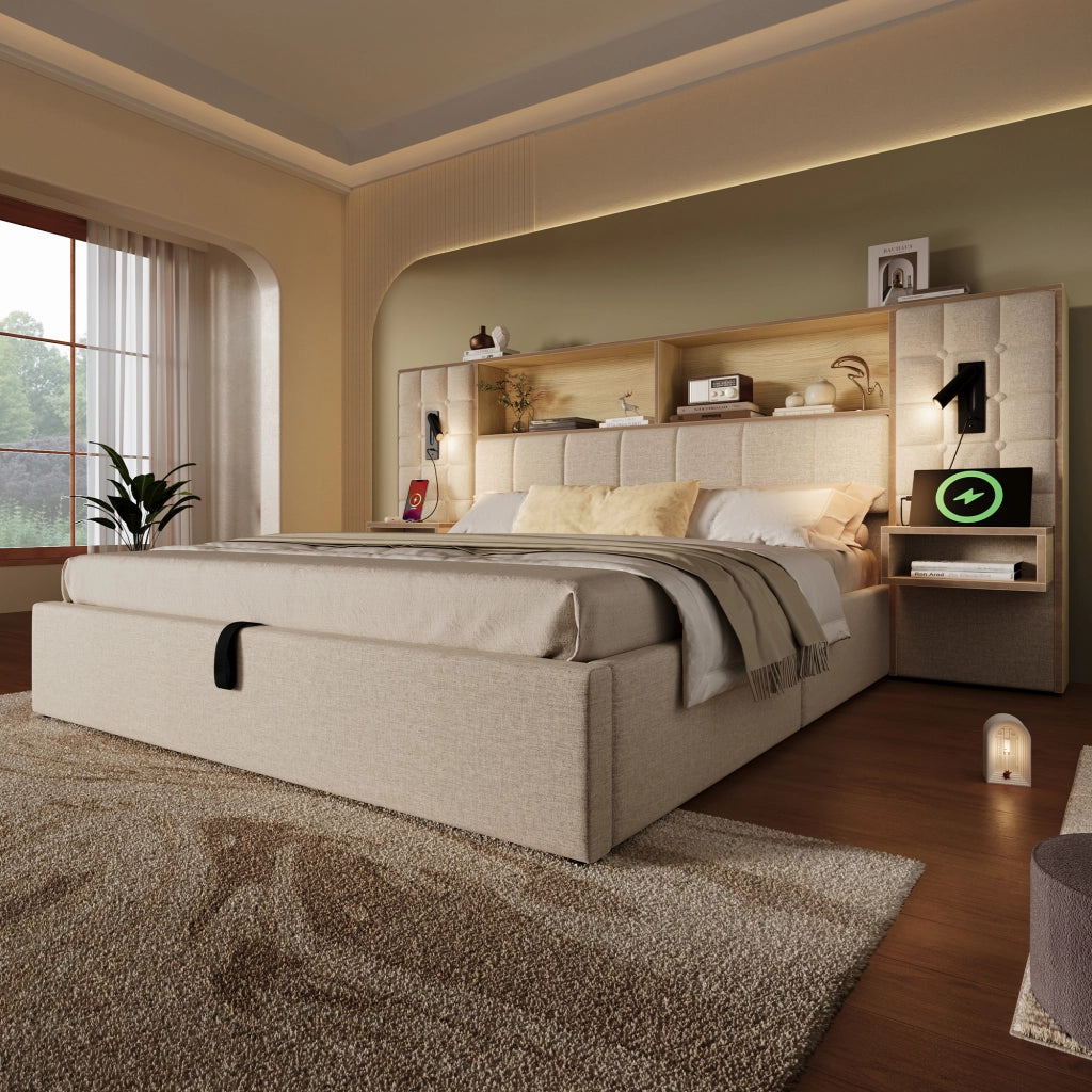 Letto Contenitore 160 x 200 cm; USB; Type-C; 2 Lampade da Lettura e 2 Comodini - Beige