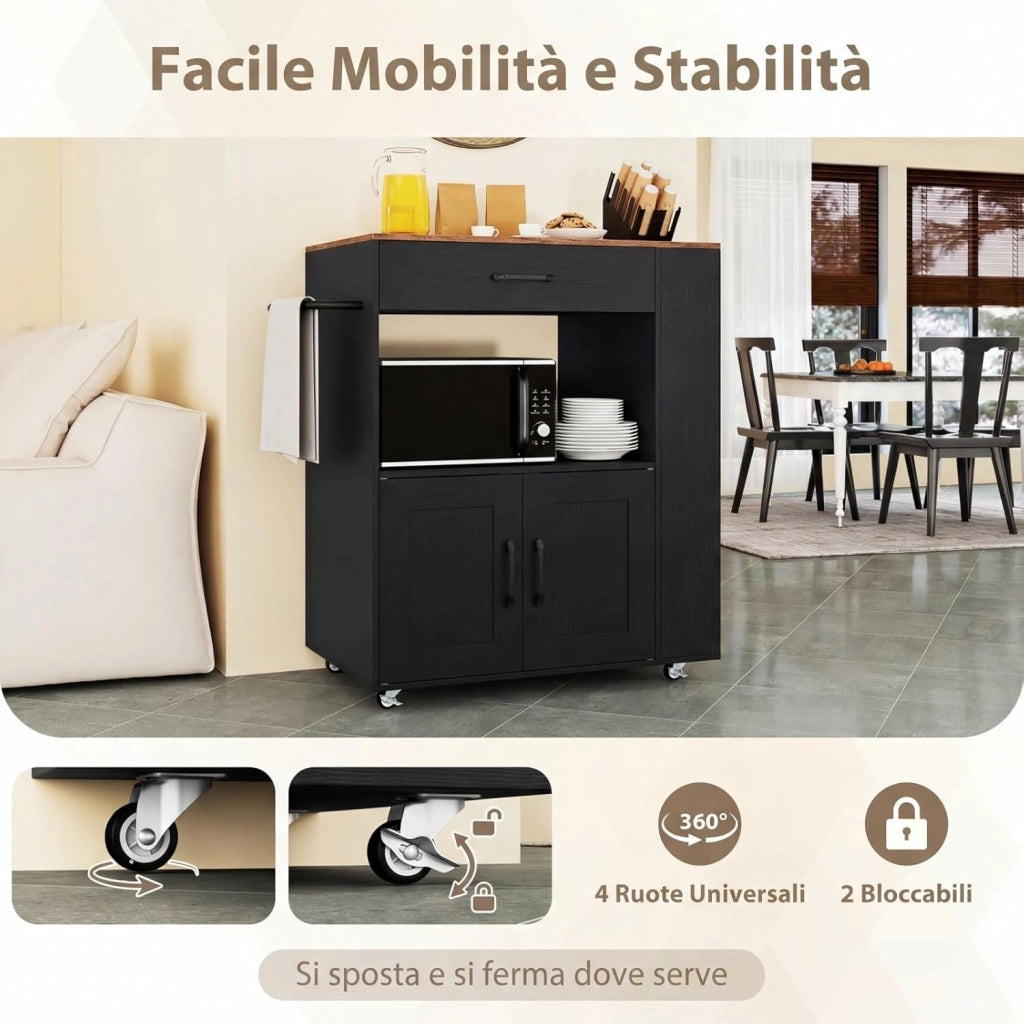 Carrello da Cucina con Ruote, Isola da Cucina con 3 Portaspezie 1 Cassetto Armadietto a 2 Porte, Carrello Portaoggetti con Portasciugamani,82x46x92 cm (Nero, con presa)