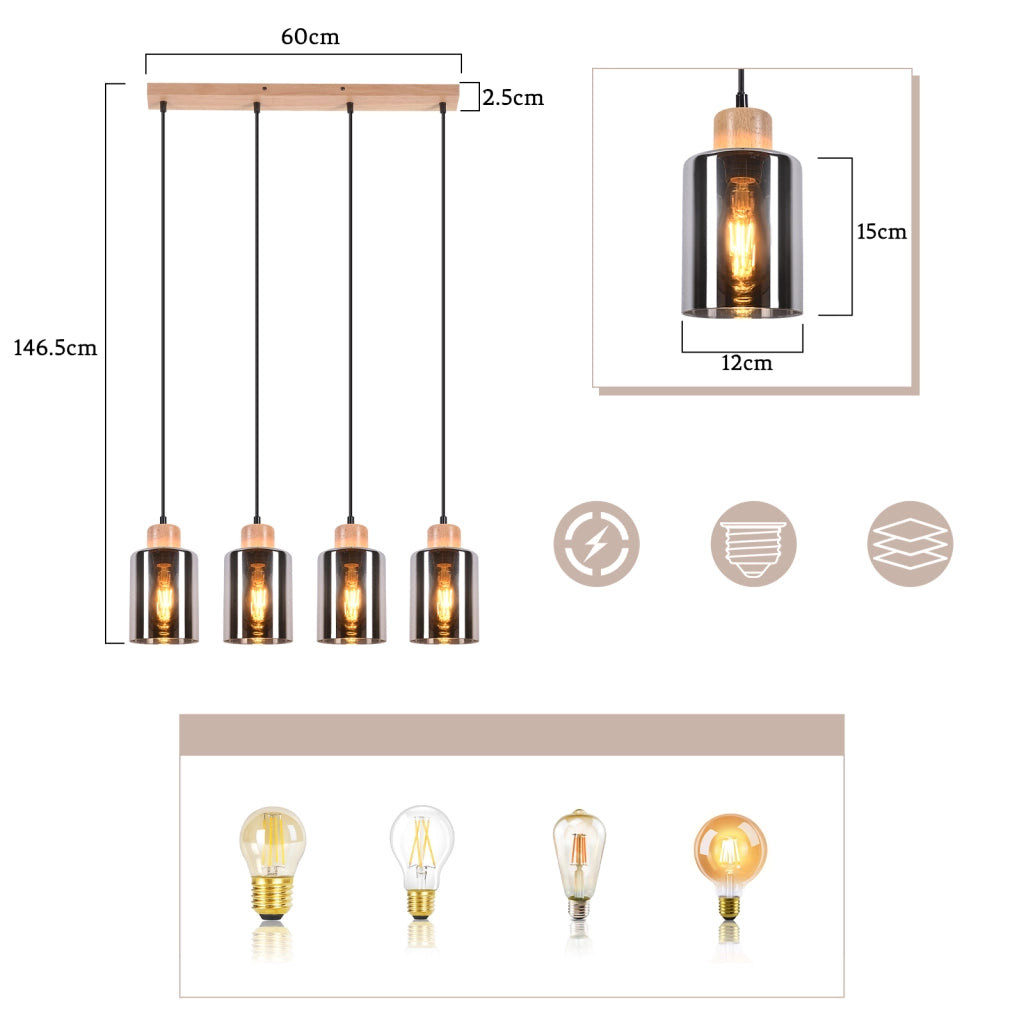 Lampada a sospensione ZMH vintage in legno per tavolo da pranzo 4 luci E27 lampada da sala da pranzo industriale