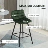 Set 2 Sgabelli da Bar con Schienale e Poggiapiedi Stile Nordico in Metallo e Velluto, Verde, 45x47x84cm