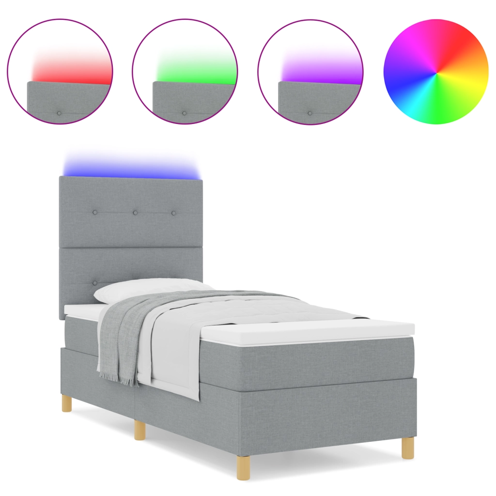 Letto Box Spring con Materasso e Luce LED Grigio Chiaro 90x190 cm Tessuto