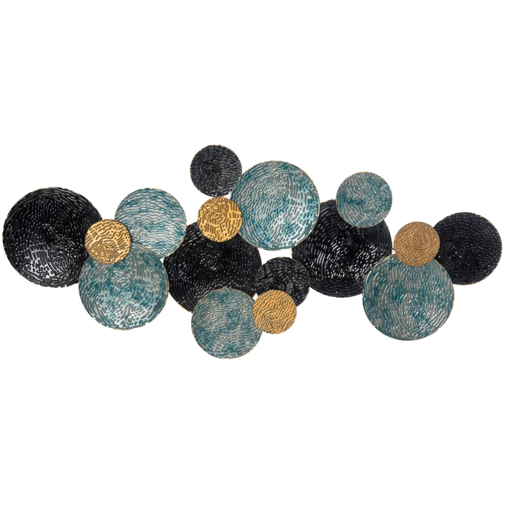 Decorazione da parete 3D ULEVR 121x53 cm in ferro, cerchi ondulati dipinti oro, blu e nero