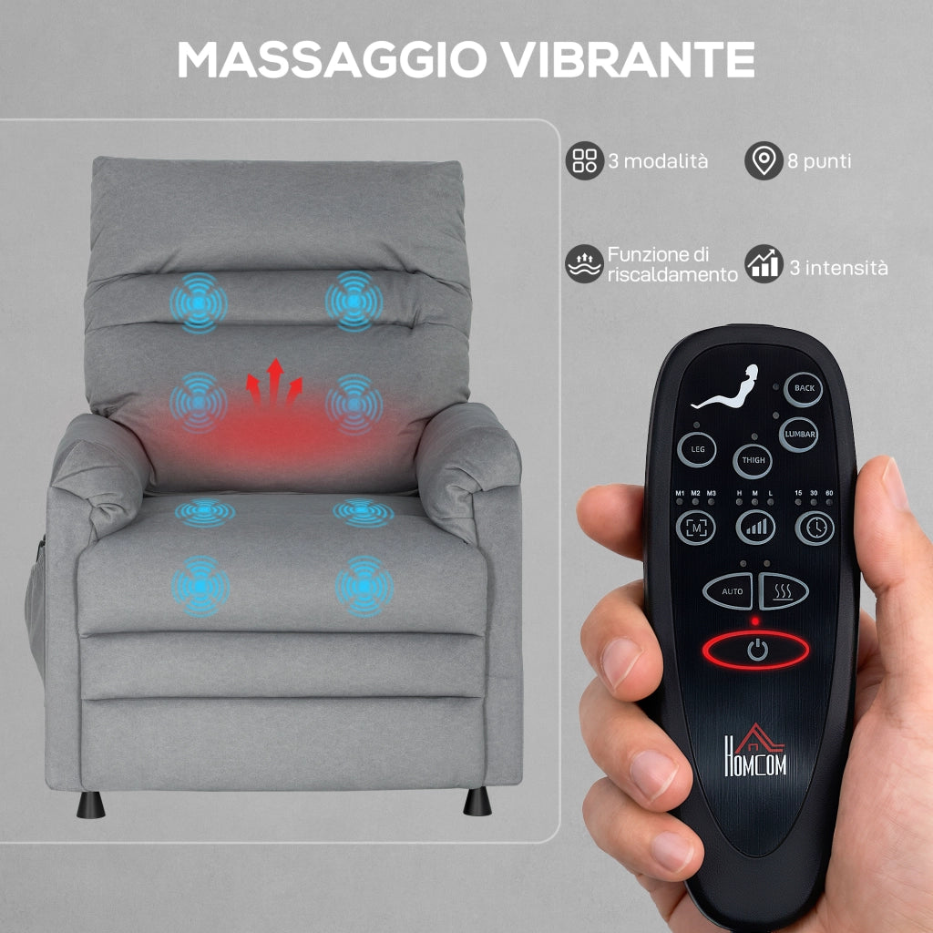 Poltrona Reclinabile Massaggiante con Poggiapiedi e Riscaldamento ¨C Zephmum ¨C Tessuto Velluto Grigio