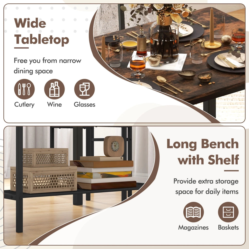 Set da pranzo 4 pezzi con tavolo 2 sedie e panca marrone rustico in MDF e acciaio robusto e salvaspazio per casa e cucina