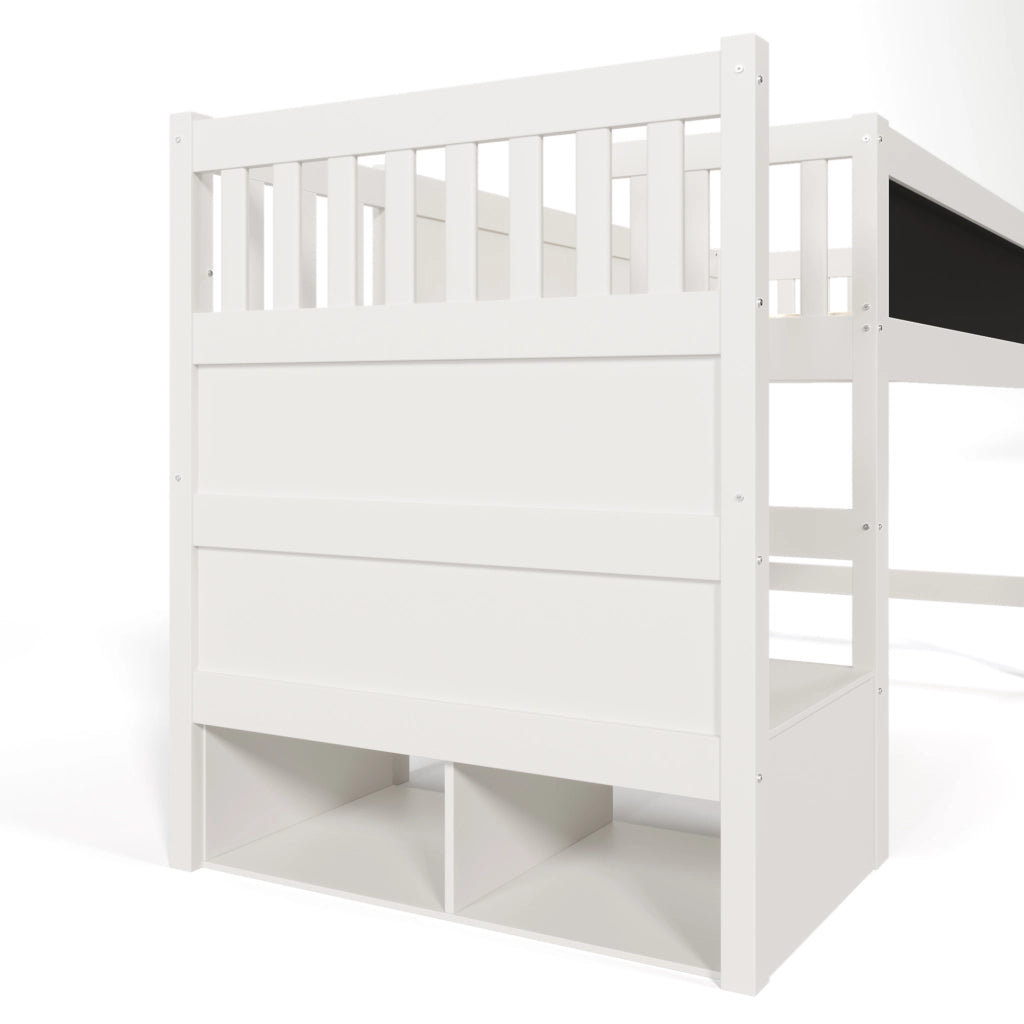 Letto a soppalco 90x200 cm con scala contenitore e lavagna in legno bianco