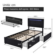 Letto singolo imbottito 90x200 cm con LED; 2 cassetti; testiera regolabile e rete a doghe; nero