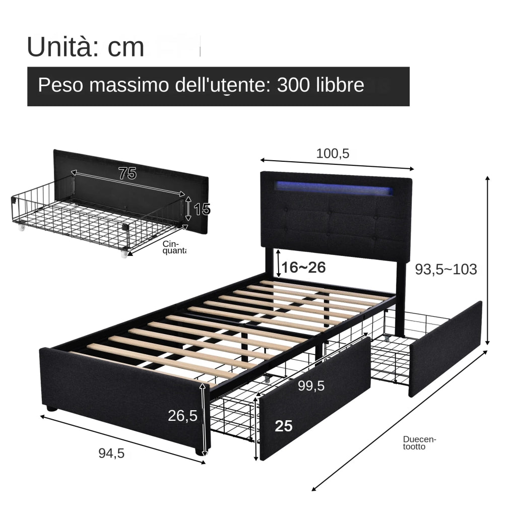 Letto singolo imbottito 90x200 cm con LED; 2 cassetti; testiera regolabile e rete a doghe; nero