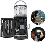 Lampada da campeggio LED, inclusa kit di attrezzi standard, unico regalo per l'uomo, funziona con batterie, adatto per l'auto e per la pesca.