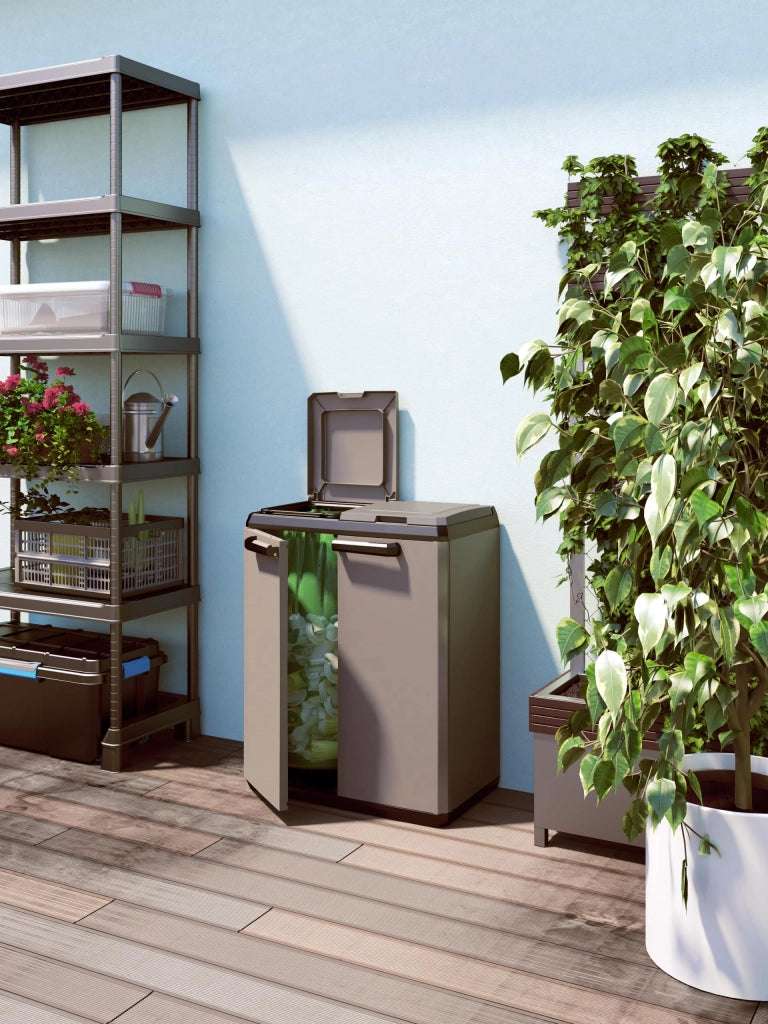 Armadietto Raccolta Differenziata in Resina con 2 Scomparti e Coperchi Superiori Colore Grigio e Nero Split Recycling Keter
