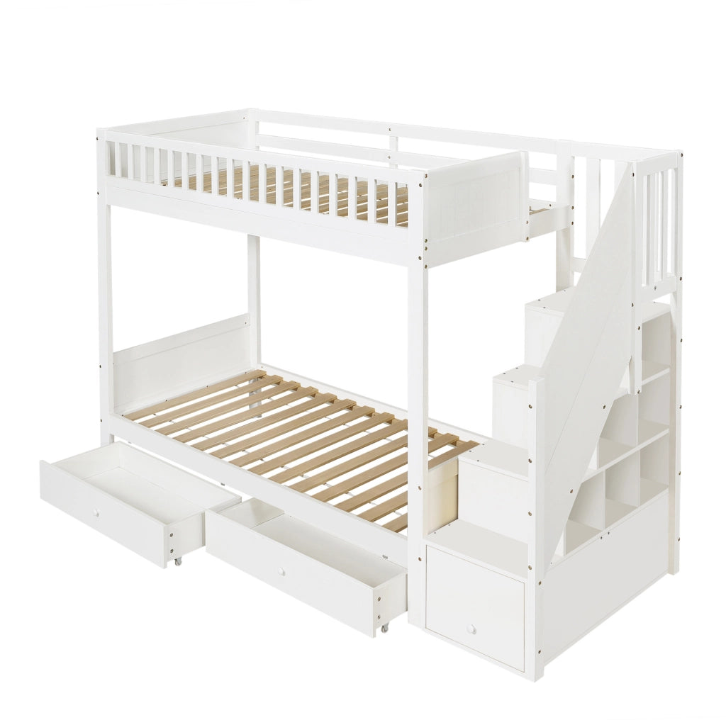 Letto a castello per bambini 90x200 cm con scala contenitore; 2 cassetti e sponde; bianco