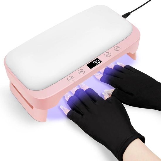 Lampada UV per gel per unghie con supporto per mano - Lampada LED UV per smalto e manicure - Lampada per unghie pieghevole con cuscino per mano e guanti UV - 4 timer - Rosa
