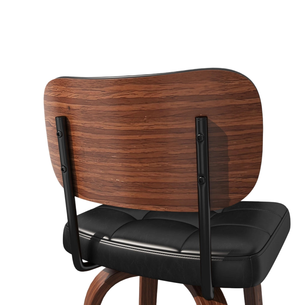 Sgabello da bar con schienale ergonomico e anello antiscivolo, in legno massello e similpelle, nero e noce scuro
