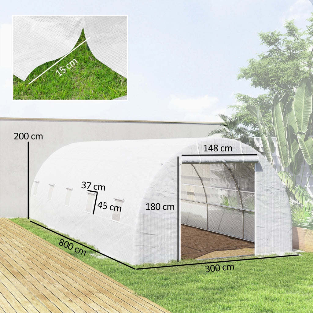 Serra a Tunnel 8x3x2 m con Rivestimento in Plastica e Acciaio Rinforzato, Bianco