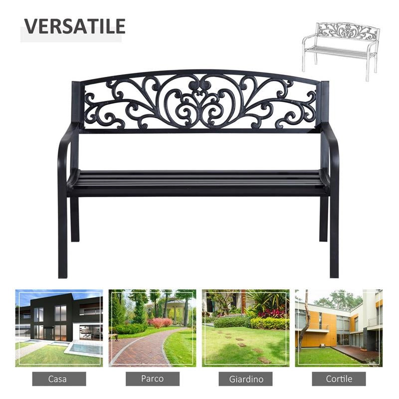 PANCHINA DA GIARDINO CON SCHIENALE DECORATO 127 X 60 X 87 CM METALLO NERO