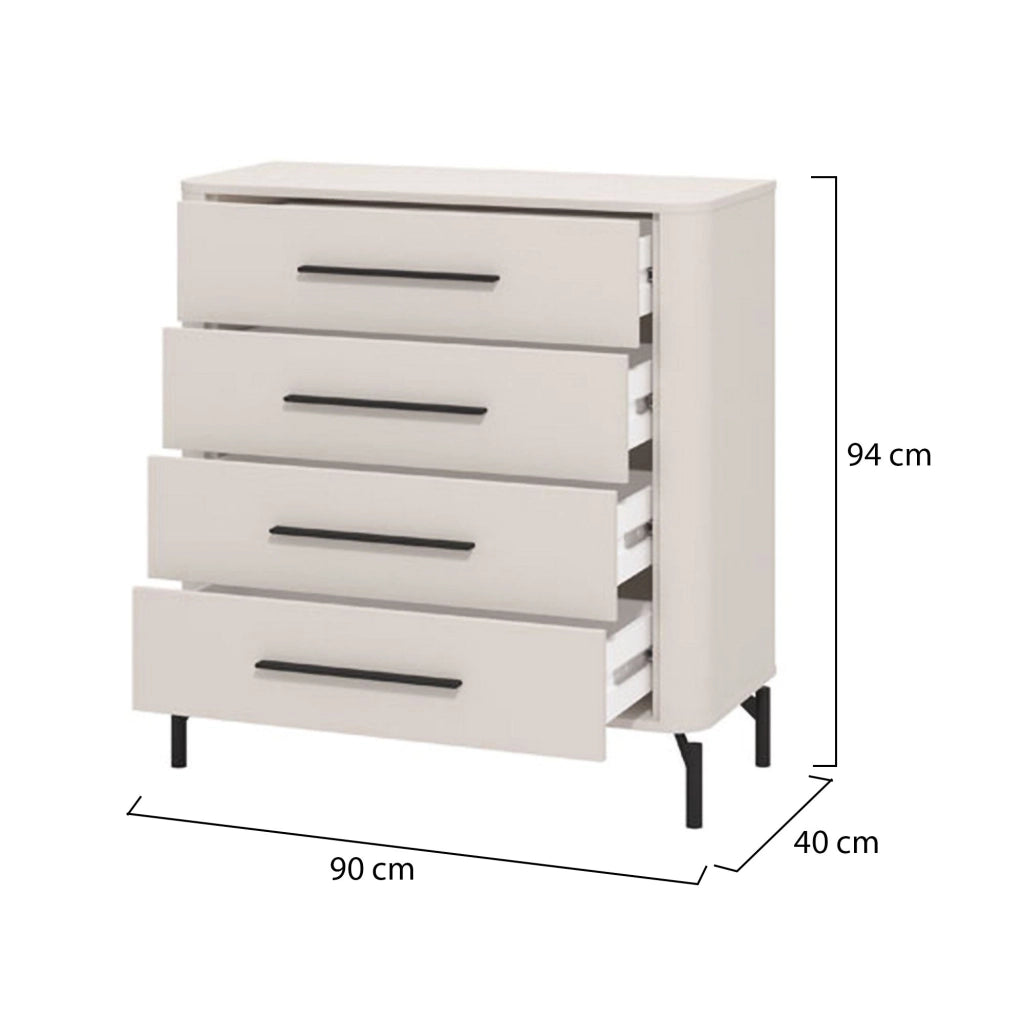 Mogoro, Cassettiera 4 Cassetti, 90x40x94h cm Bianco