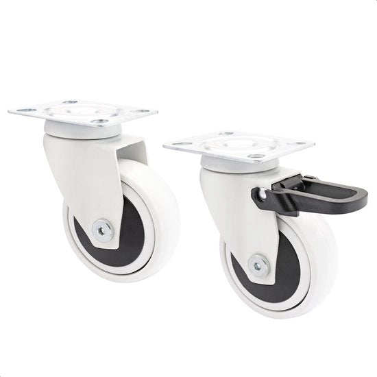 Set di ruote di design per mobili 3C - zwenkwielen/transportwielen/meubelwielen - set da 2 pezzi - bianco, 1 ruota senza freno e 1 con freno, superficie morbida, diametro 75 mm, cuscinetti a sfera, carico di 75 kg/ruota - 02227602