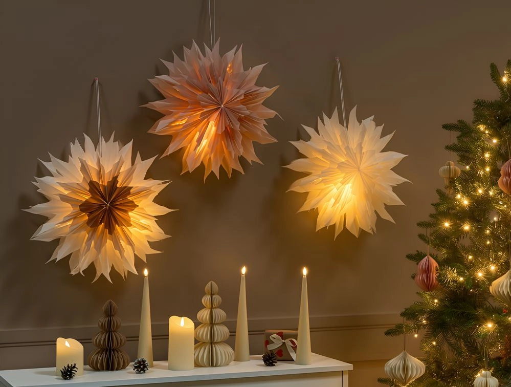 Set di 3 stelle LED da appendere 3D in carta multicolori con luci LED decorazione natalizia