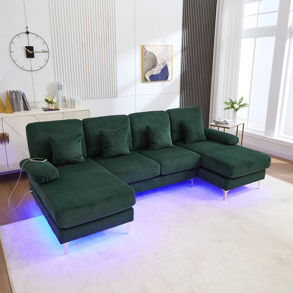 Divano angolare - Xylo - con luci LED e porte USB-C struttura legno massello verde scuro