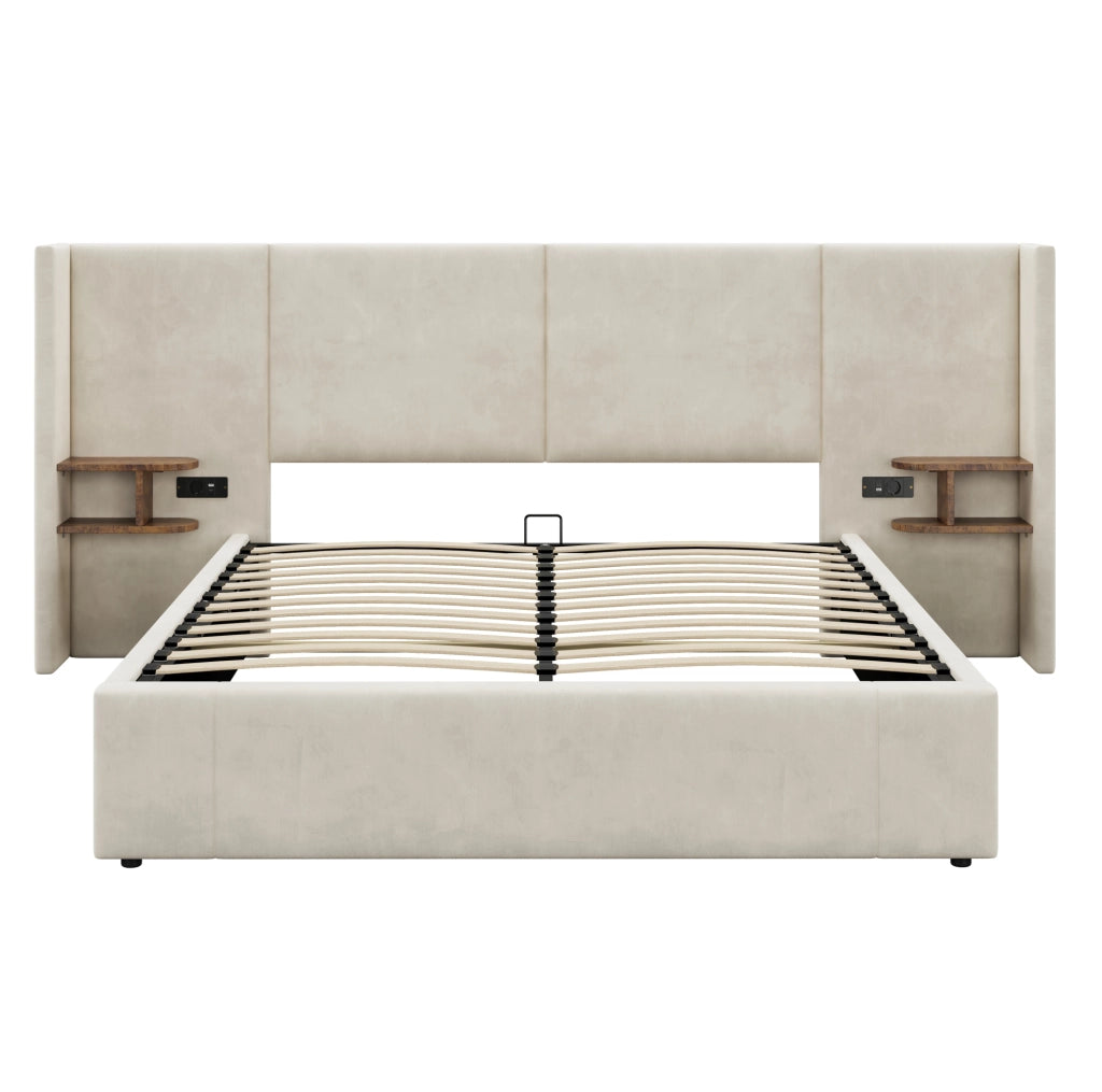 Letto matrimoniale 160x200 cm in velluto beige con contenitore idraulico; 2 comodini e USB