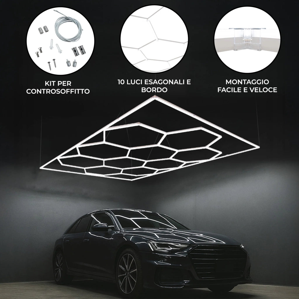 Illuminazione LED Esagonale x10 6000K con Cornice per Garage e Officina