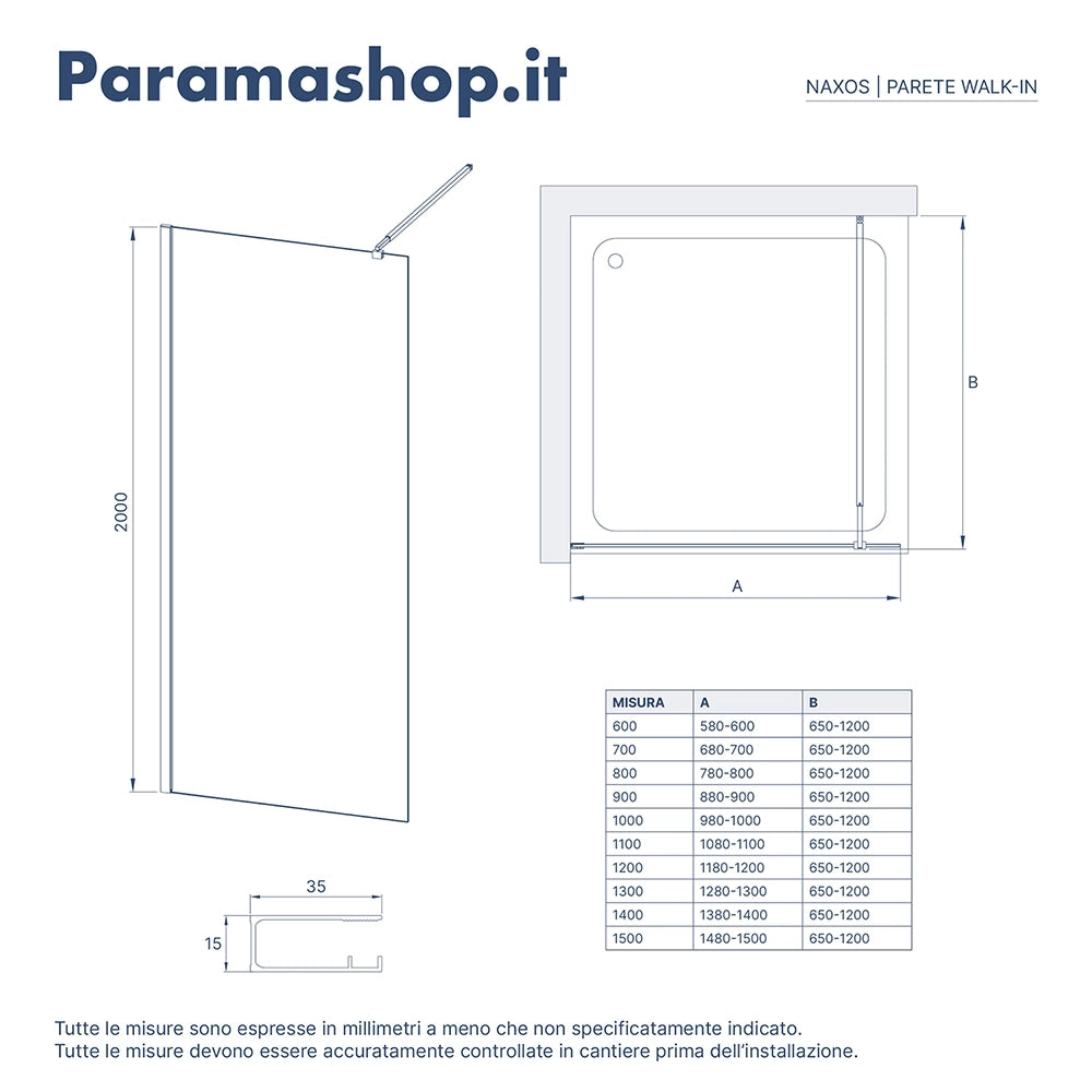Doccia walk-in 90cm vetro temperato anticalcare 10mm trasparente profili neri | Naxos