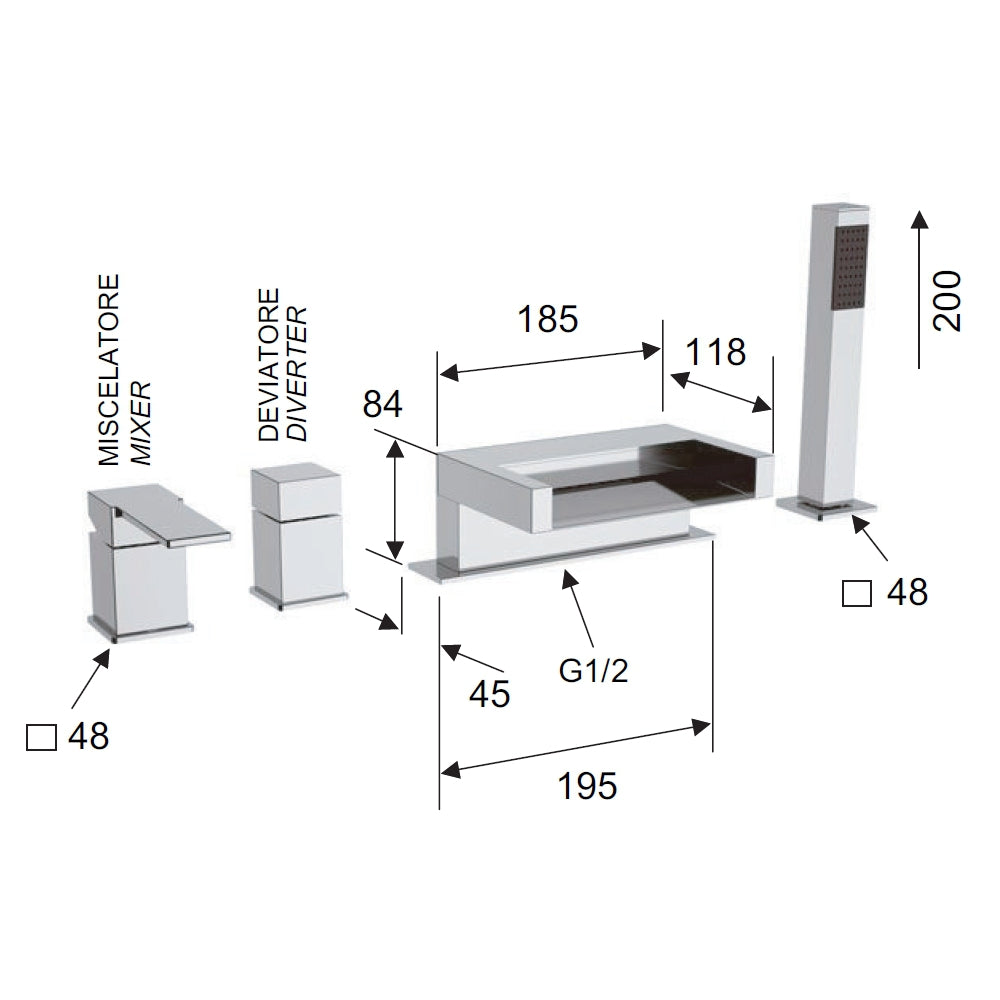 Rubinetto bordo vasca con deviatore - serie qubika cascata