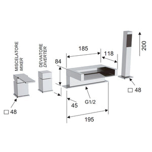 Rubinetto bordo vasca con deviatore - serie qubika cascata